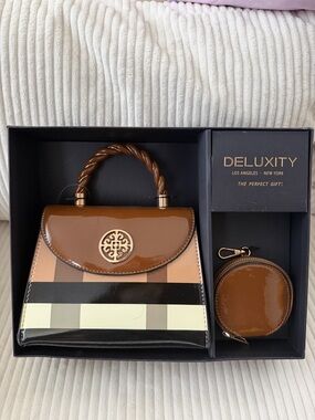 Deluxity Brown Striped Patent Top-Handle Bag with Coin Pouch